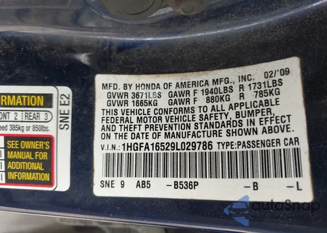 2009 Honda Civic Lx из США, поврежденный, VIN 1HGFA16529L029786